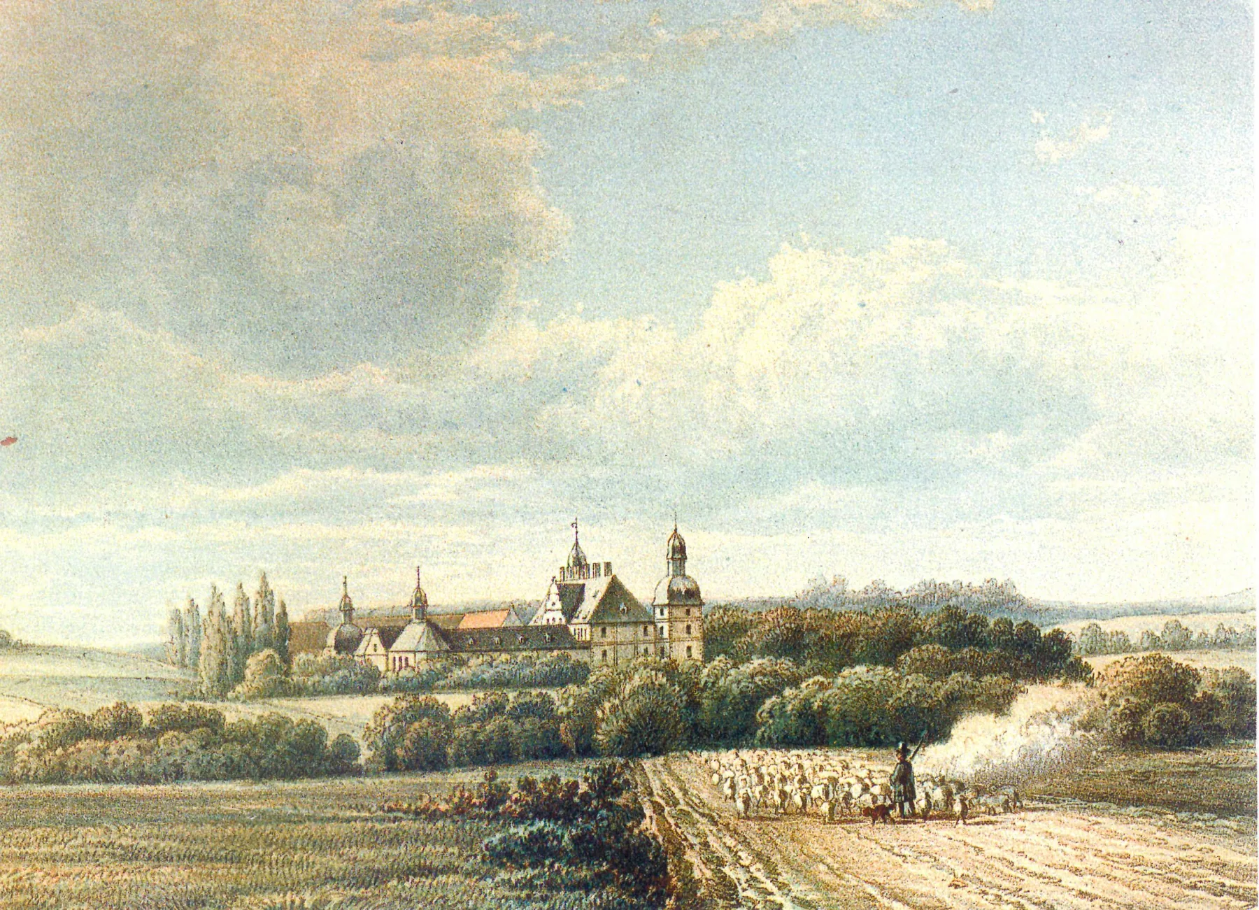 Kolorierter Druck: das Schloss von Westen über den Feldern, im Vordergrund Erntewagen